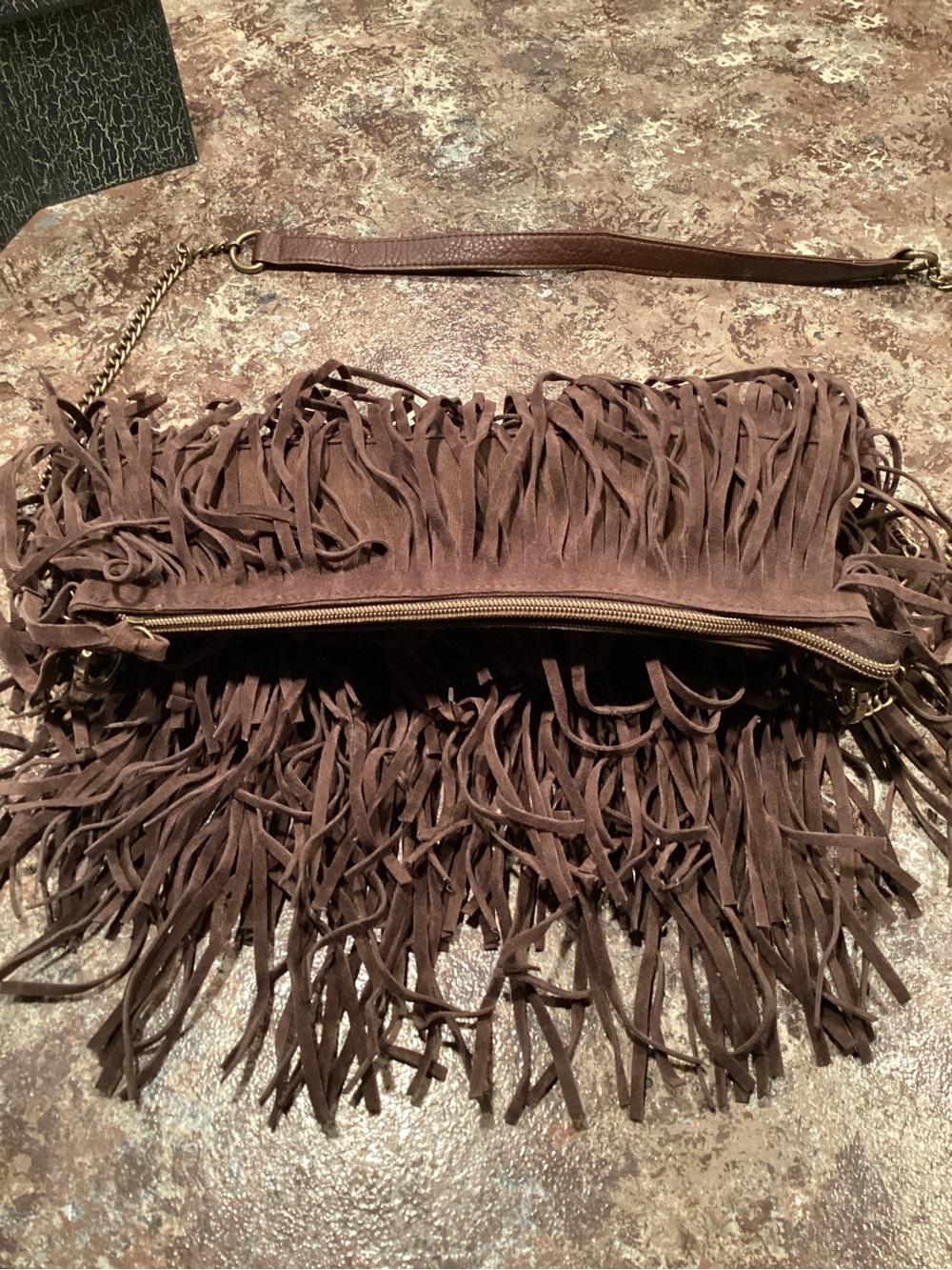 Women's Brown Fringe Crossbody Bag with Chain Accent - Picture 2 of 5